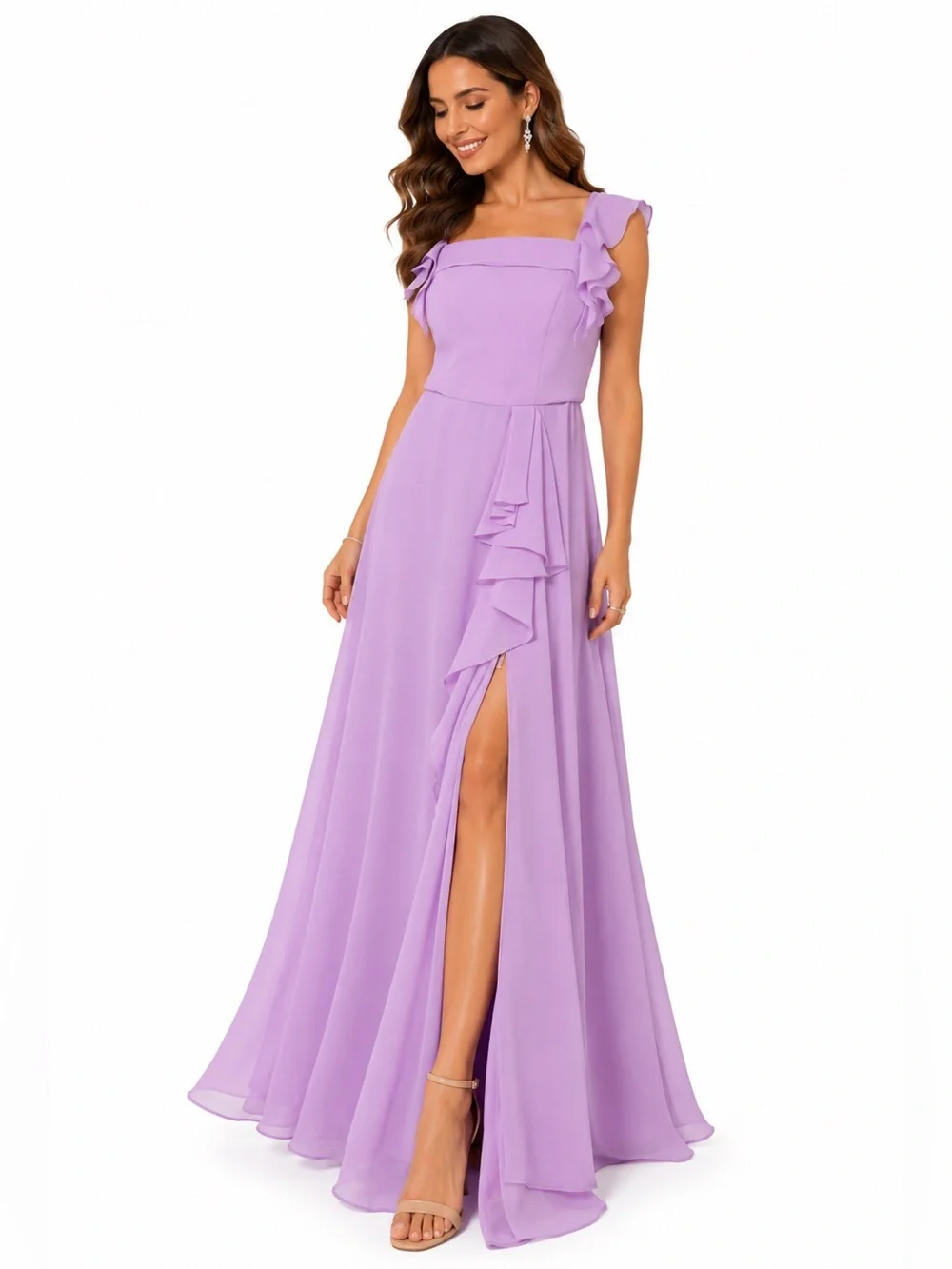 Lavender Chiffon Ruffle Slit Corset Maxi Formal Gown Size 4 NWOT